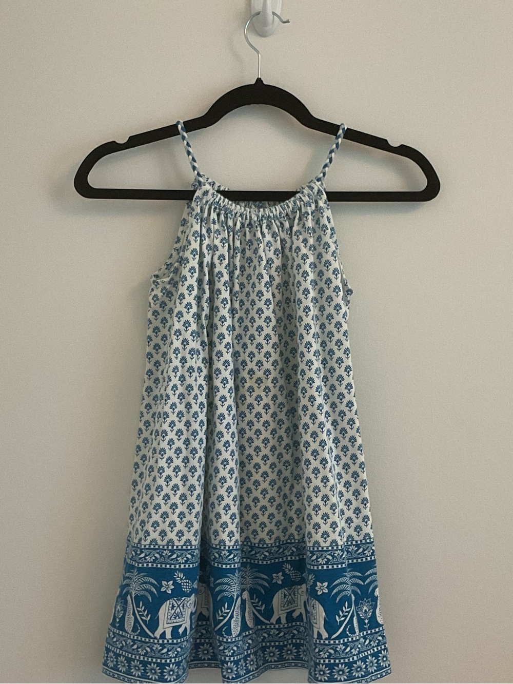 Mini Boden Block Print Blue And White Sundress. Size:7-8
